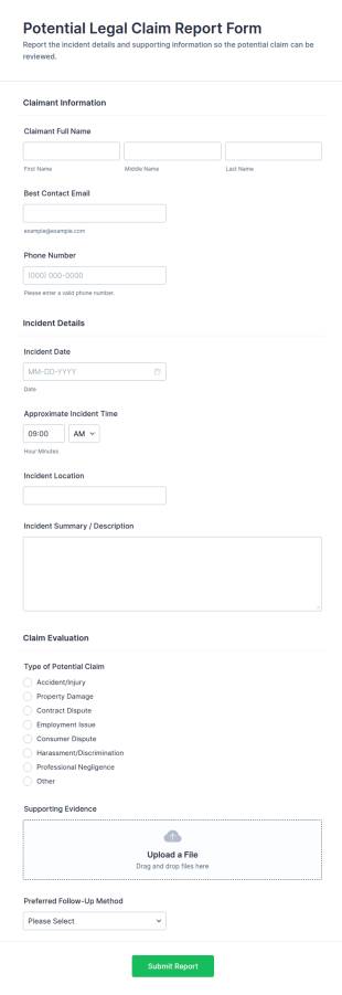 Potential Legal Claim Report Form Template