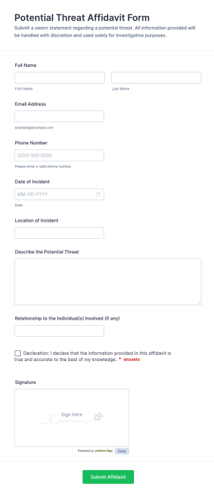 Potential Threat Affidavit Form Template