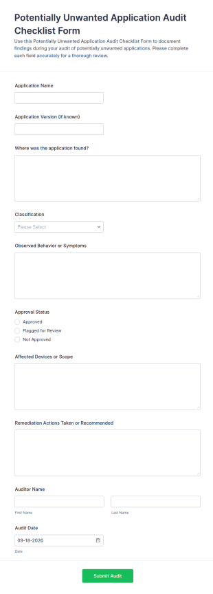 Potentially Unwanted Application Audit Checklist Form Template
