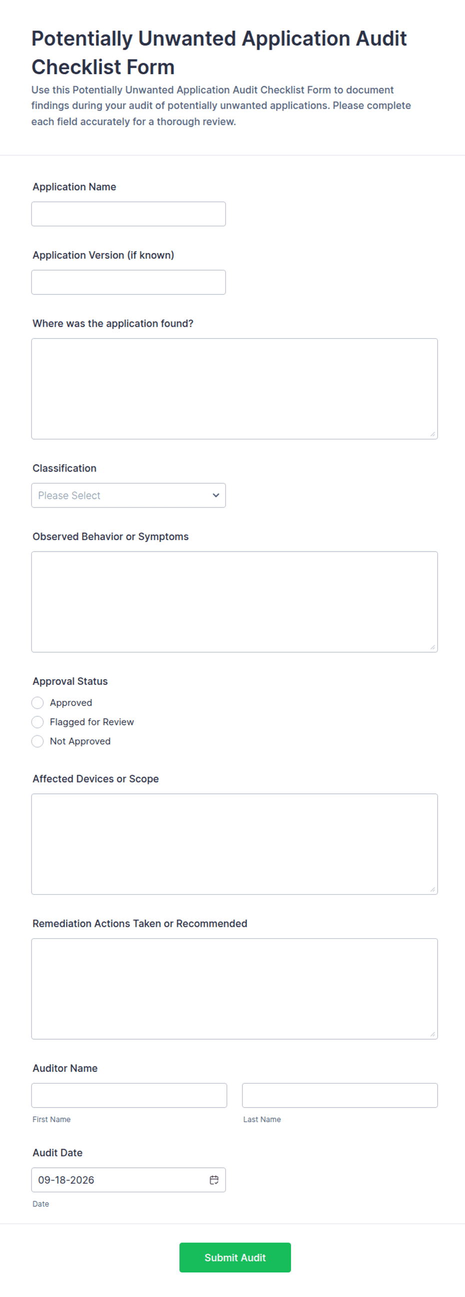 Potentially Unwanted Application Audit Checklist Form Template | Jotform