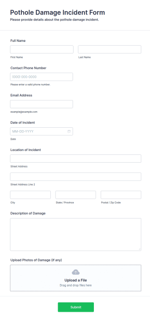 Pothole Damage Incident Form Template