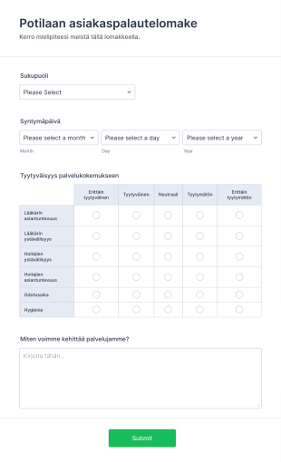 Potilaan Asiakaspalautelomake Form Template