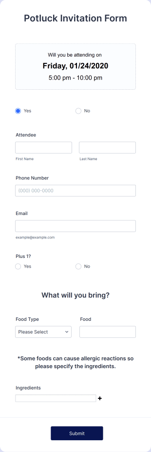 Potluck Invitation Form Template