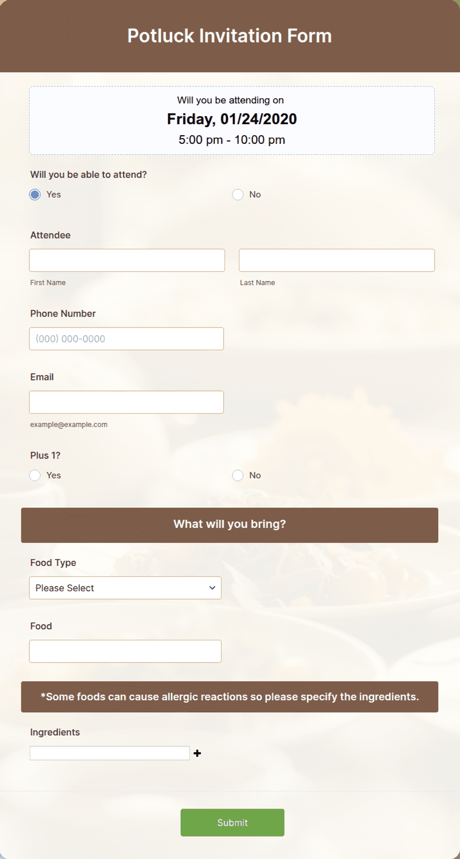 Potluck Form Examples Potluck Wording Samples