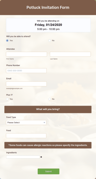 Potluck Invitation Form Template