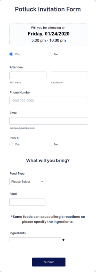 Potluck Invitation Form Template