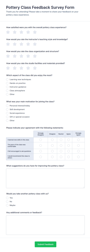 Pottery Class Feedback Form Template
