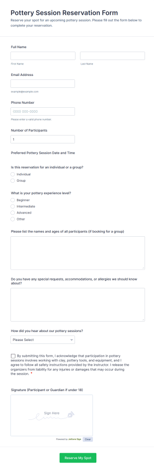 Pottery Session Reservation Form Template