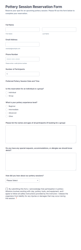 Pottery Session Reservation Form Template