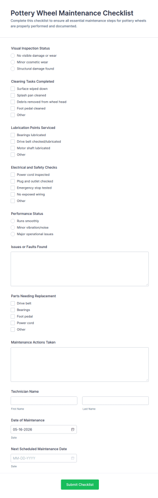 Pottery Wheel Maintenance Checklist Form Template