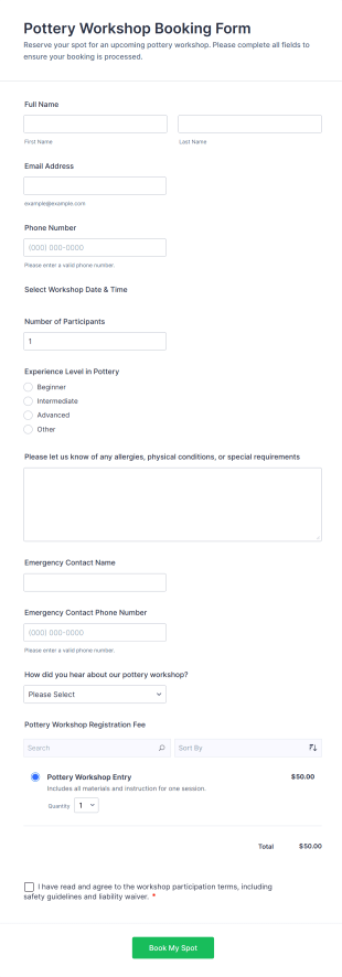 Pottery Workshop Booking Form Template