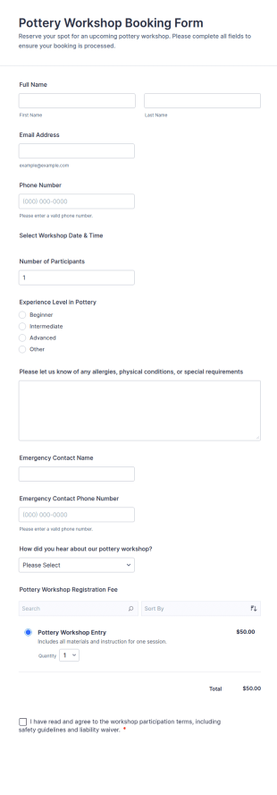 Pottery Workshop Booking Form Template