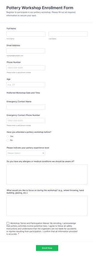 Pottery Workshop Enrollment Form Template