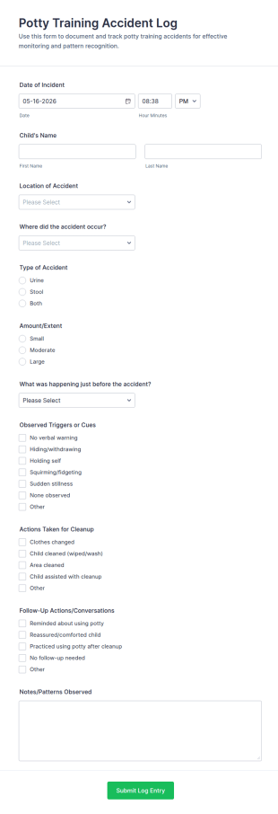 Potty Training Accident Log Form Template