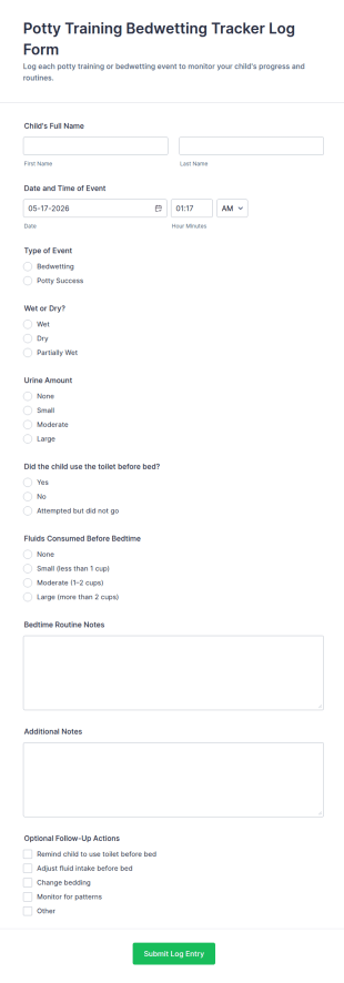 Potty Training Bedwetting Tracker Log Form Template