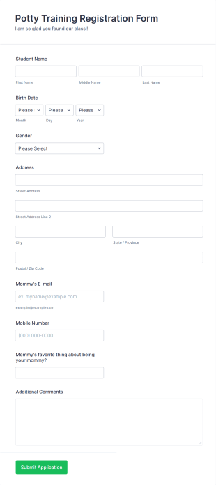 Potty Training Course Registration Form Template