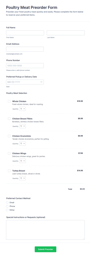 Poultry Meat Preorder Form Template