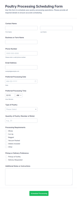 Poultry Processing Scheduling Form Template