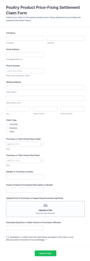 Poultry Product Price Fixing Settlement Claim Form Template