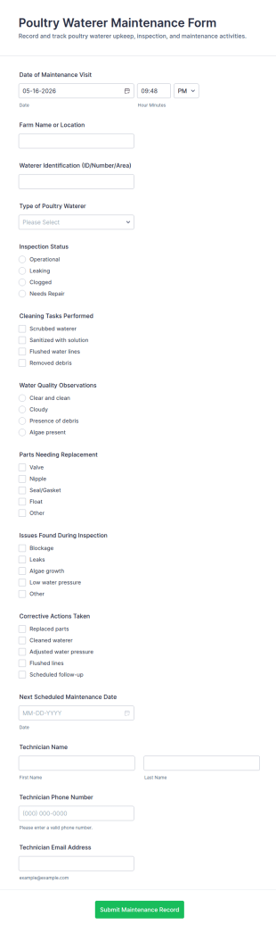 Poultry Waterer Maintenance Form Template