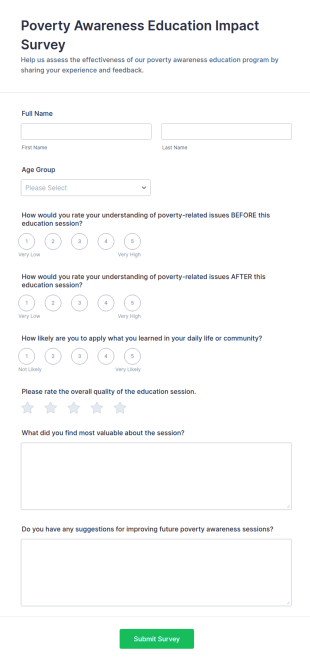 Poverty Awareness Education Impact Survey Form Template