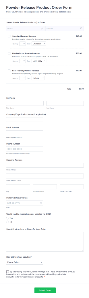Powder Release Product Order Form Template