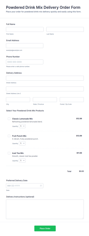 Powdered Drink Mix Delivery Order Form Template