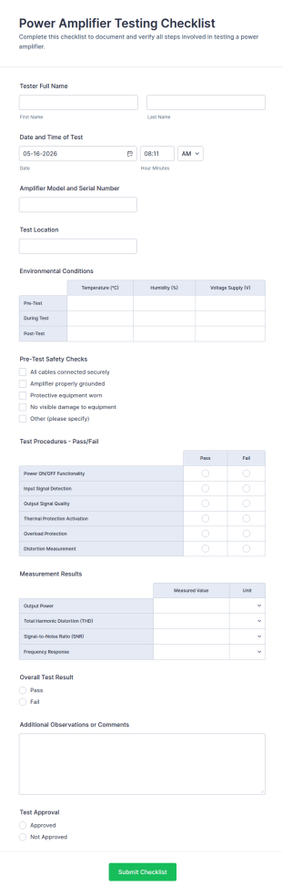 Power Amplifier Testing Checklist Form Template
