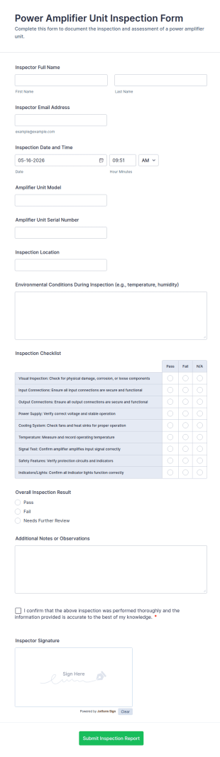 Power Amplifier Unit Inspection Form Template