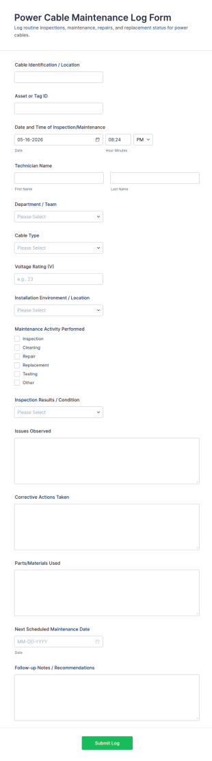 Power Cable Maintenance Log Form Template