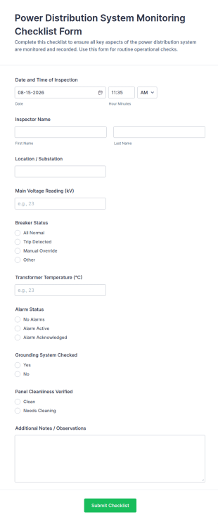 Power Distribution System Monitoring Checklist Form Template