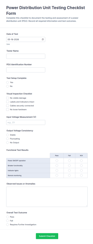 Power Distribution Unit Testing Checklist Form Template