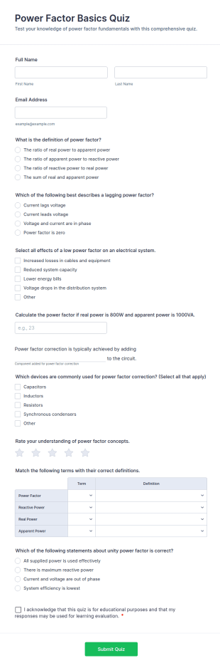 Power Factor Basics Quiz Form Template