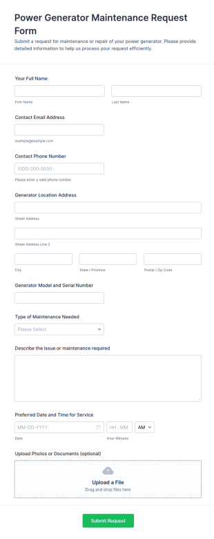 Power Generator Maintenance Request Form Template