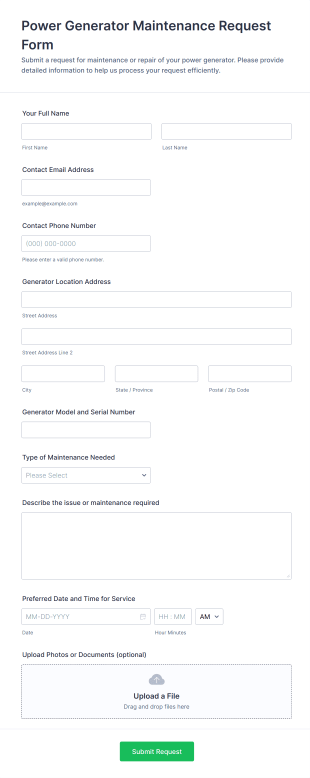 Power Generator Maintenance Request Form Template
