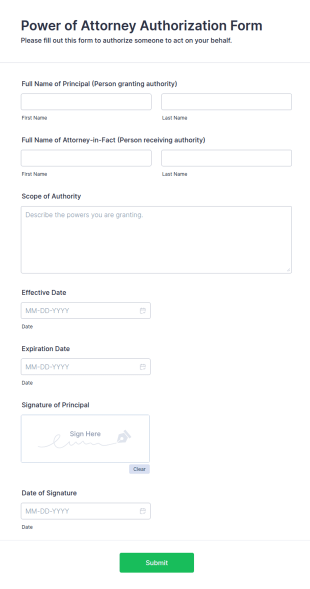 Power Of Attorney Authorization Form Template