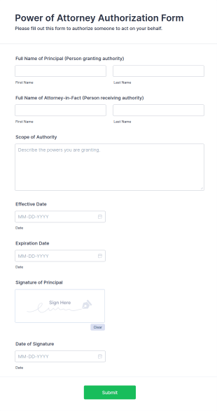 Power Of Attorney Authorization Form Template
