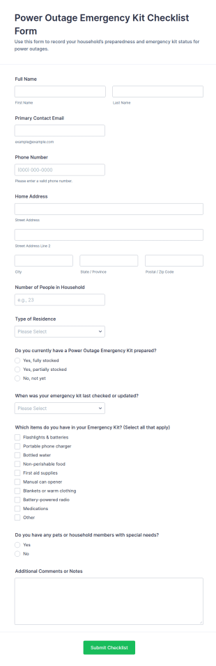 Power Outage Emergency Kit Checklist Form Template