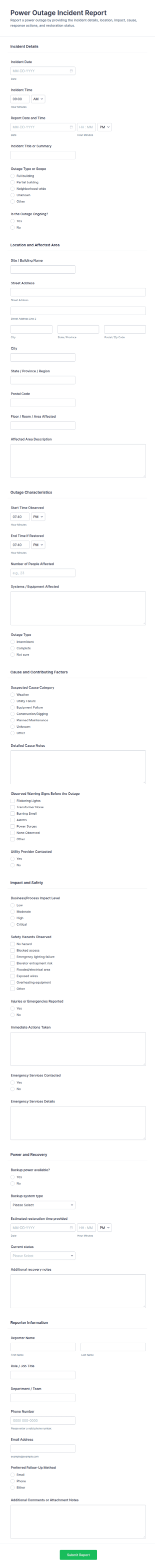 Power Outage Incident Report Form Template