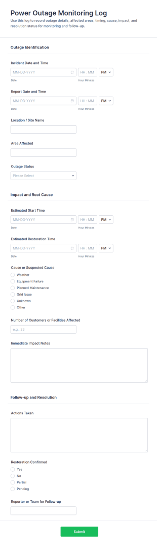Power Outage Monitoring Log Form Template