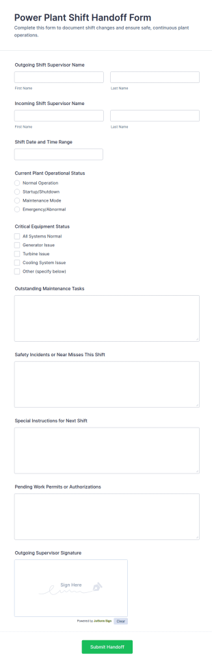 Power Plant Shift Handoff Form Template