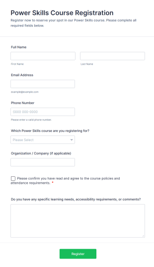 Power Skills Course Registration Form Template