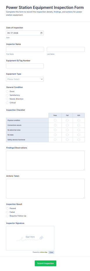 Power Station Equipment Inspection Form Template