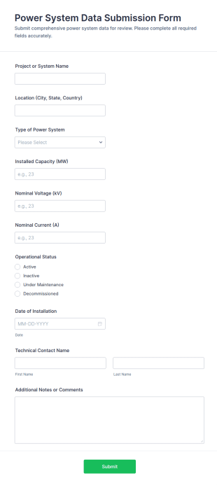 Power System Data Submission Form Template