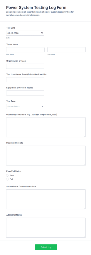 Power System Testing Log Form Template