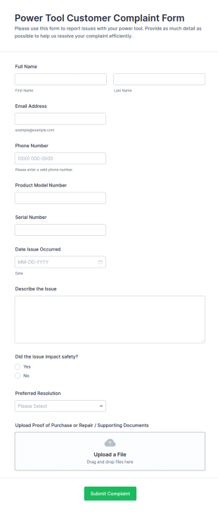 Power Tool Customer Complaint Form Template