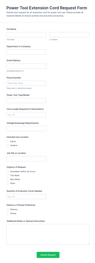 Power Tool Extension Cord Request Form Template