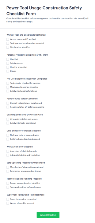 Power Tool Usage Construction Safety Checklist Form Template