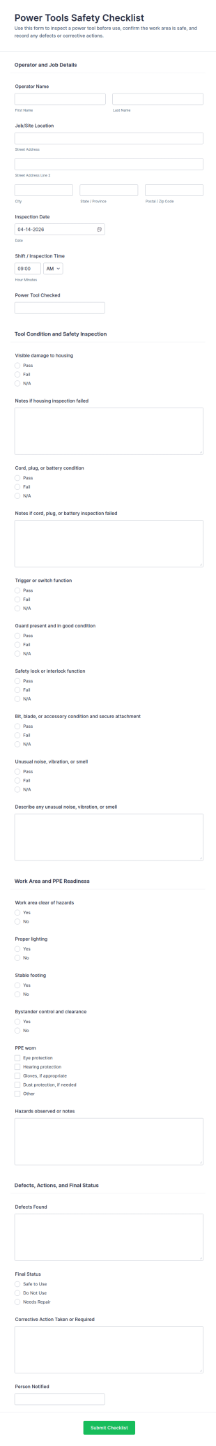 Power Tools Safety Checklist Form Template