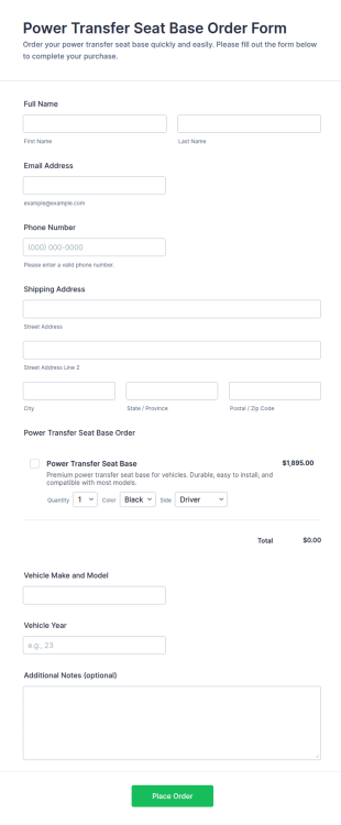 Power Transfer Seat Base Order Form Template